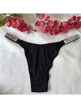 VICTORIA'S SECRET L BLACK SILKY RHINESTONE BLING STRAPPY BRAZILIAN PANTIES NWT